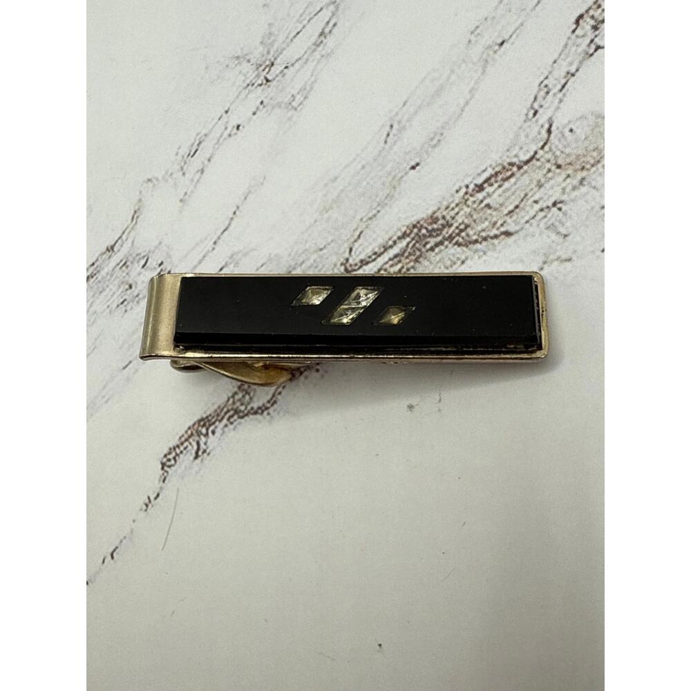 Vintage Mens Tie Clip Black Onyx Rhinestone Inlay 2in